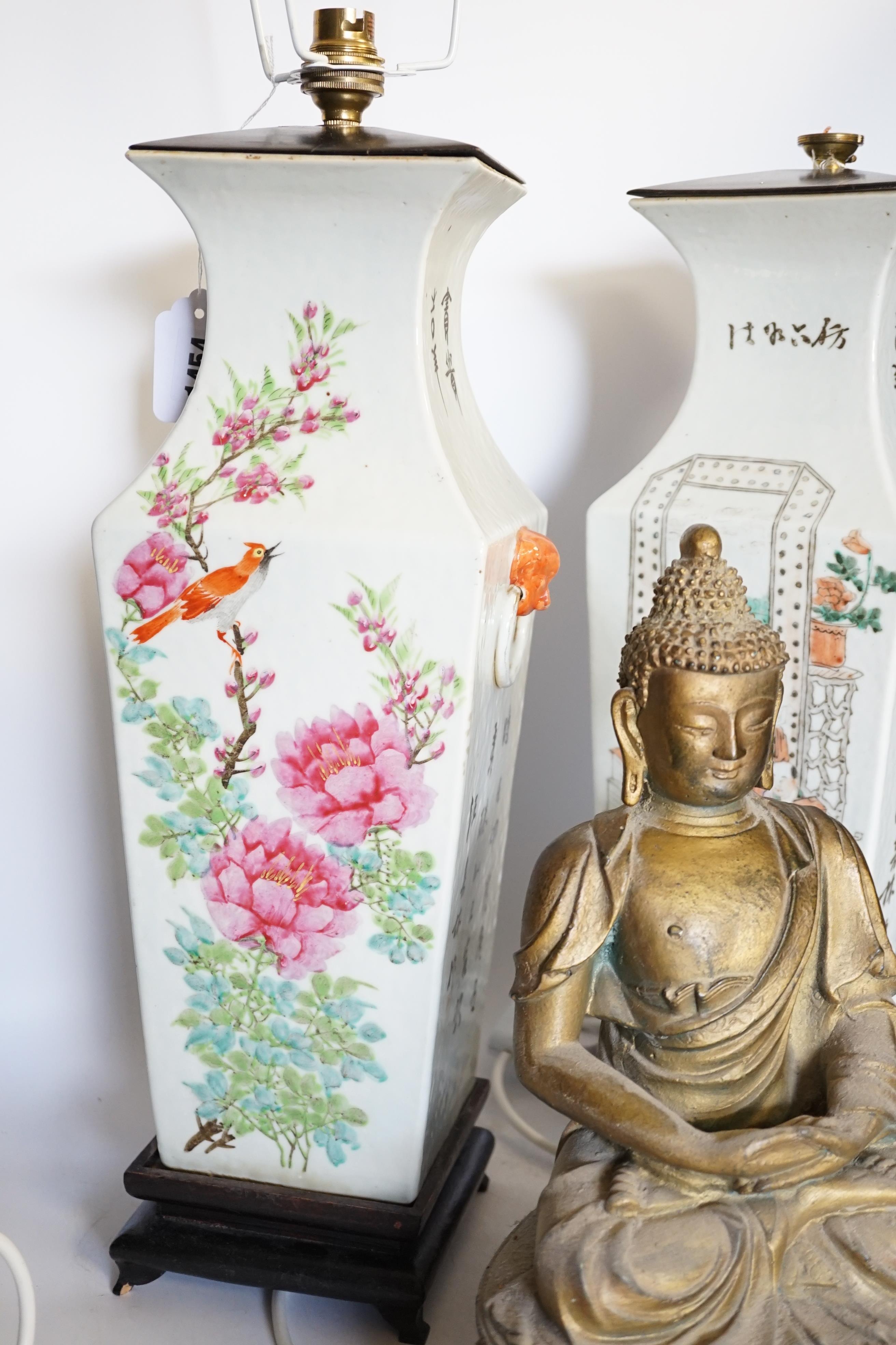 A pair of early 20th century Chinese famille rose vases, mounted as lamps and a plaster model of a Buddha, vases 46cm
